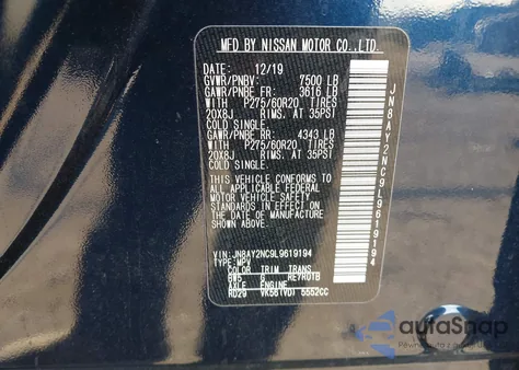 2020 Nissan Armada Sl 4Wd из США, поврежденный, VIN JN8AY2NC9L9619194